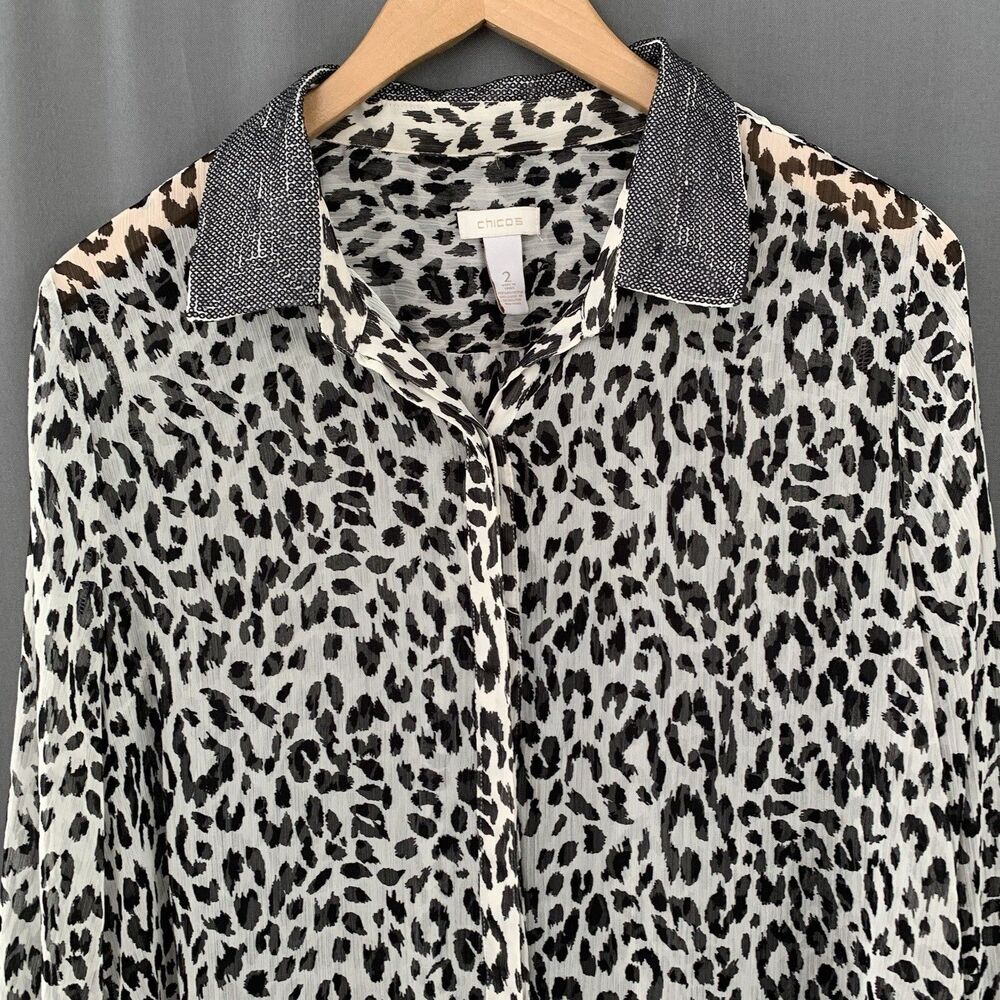 Chicos Chiffon Button Up Blouse Large Sheer Leopard Cheetah Mob Wife Glam Chic